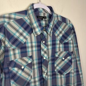 Tin Haul Shirt Mens Large‎ Turquoise Violet Plaid Pearl Snap Western Rockabilly